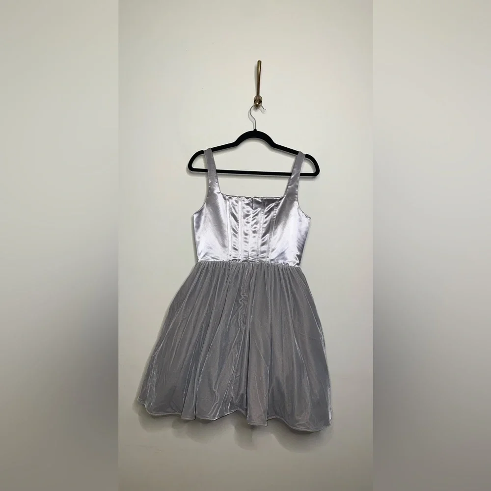STAUD Landscape Silver Mini Dress Velvet Gray Tulle - Picture 9 of 9